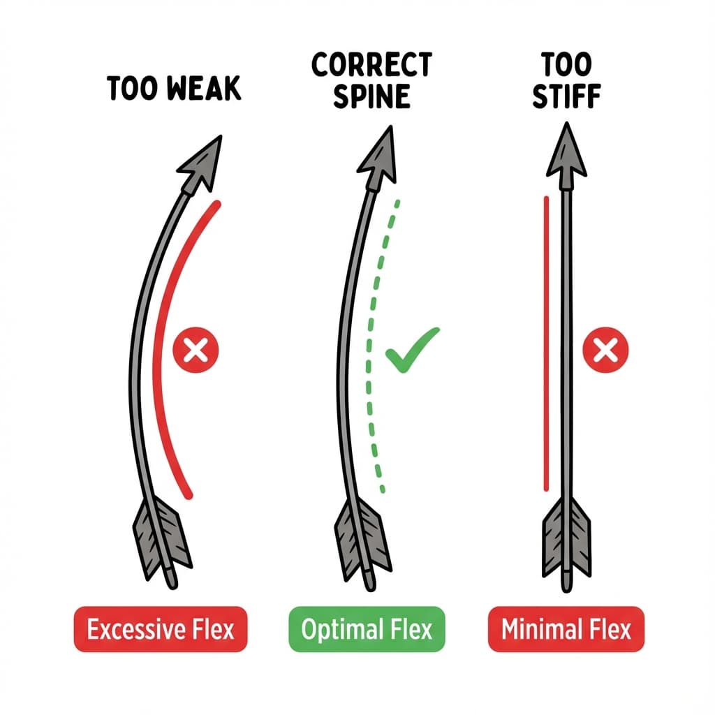 Diagram showing arrow spine stiffness: too weak, correct spine, and too stiff