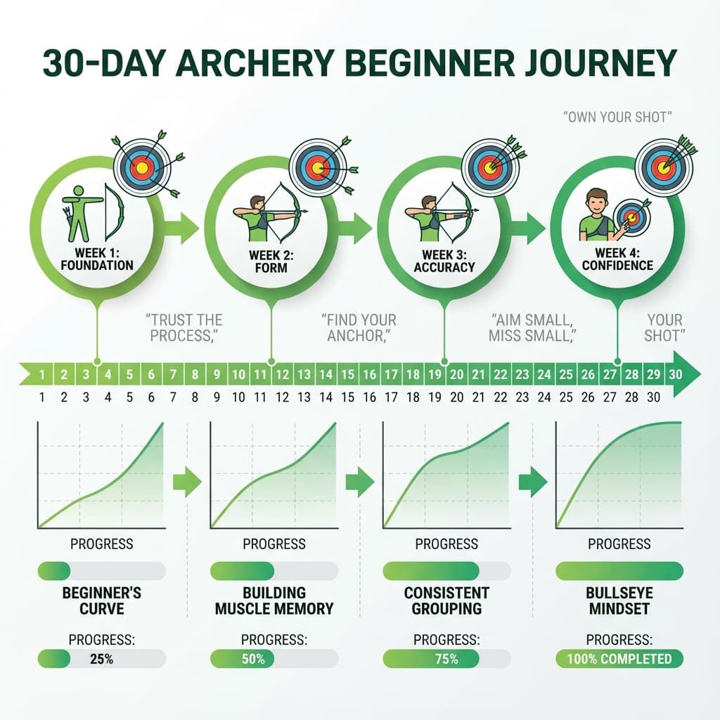Visual timeline showing 30-day archery beginner journey through 4 weekly milestones