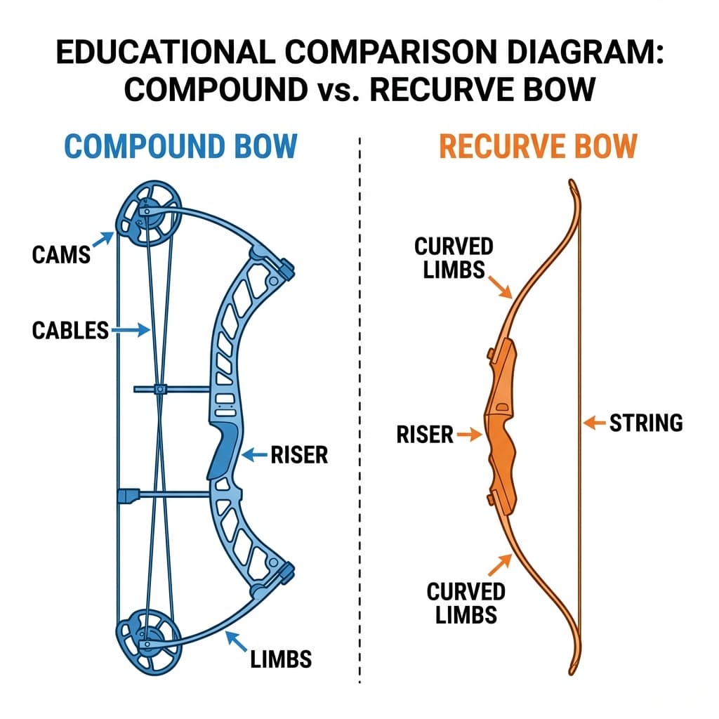 Side by side comparison illustration of compound bow vs recurve bow
